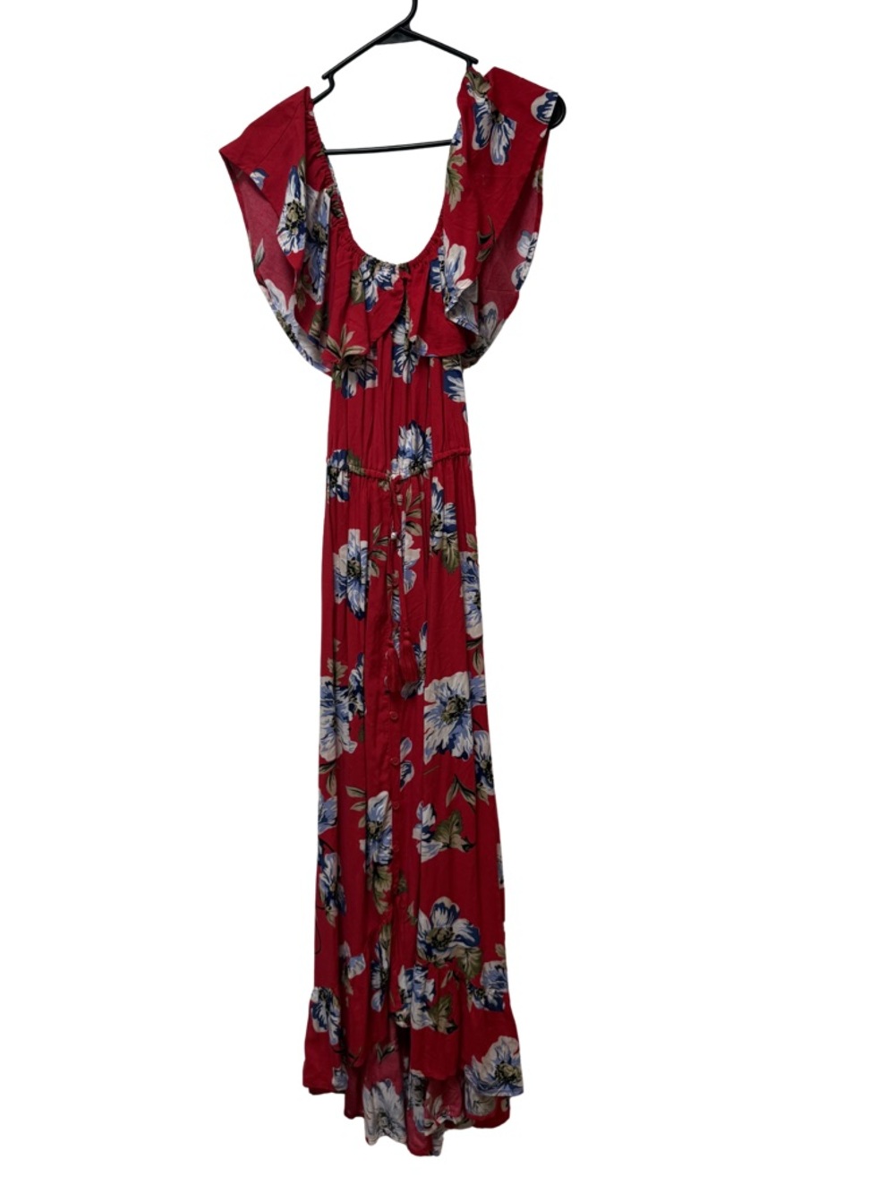 Band of Gypsies Red Floral Ruffle Maxi Dress Wedding Festive Tropical Boho M